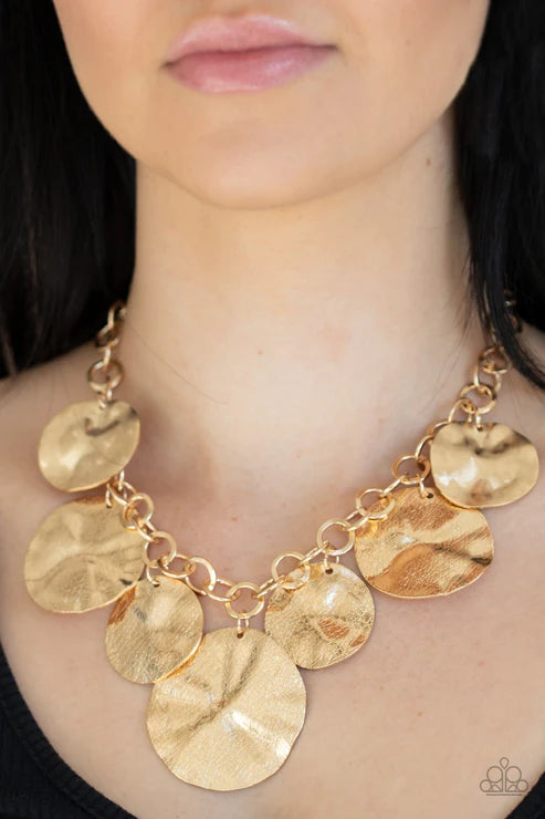 Barely Scratched The Surface - Oversized Gold Scratched Shimmer Warped Disc Fringe Necklace N#3481