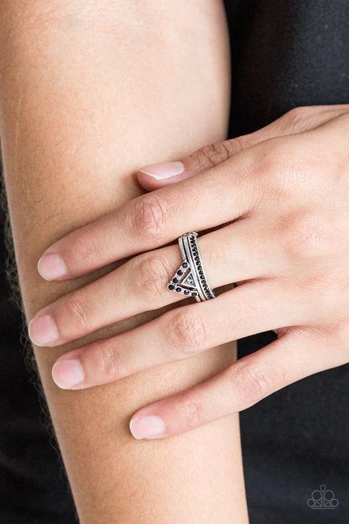 Base Over Apex - Black Dotted Geometrical Triangular Hematite Encrusted Ring R#3666