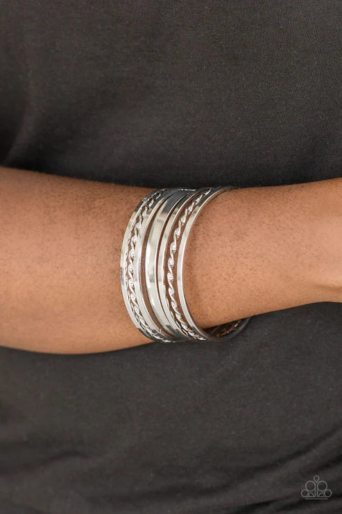 Basic Blend - Silver Smooth/Twisted Surfaces Mismatched Bangles Bracelet Stack B#6460