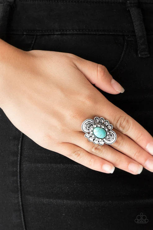 Basic Element - Oversized Blue Dotted Textured Petal Bloom Stone Ring R#5814