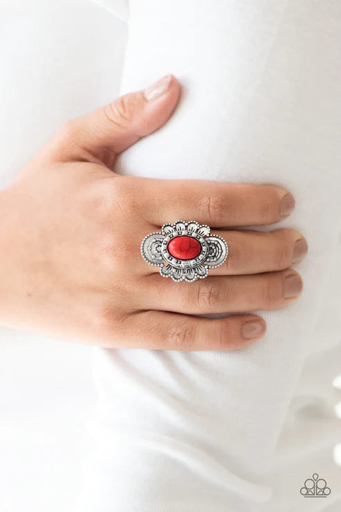 Basic Element - Oversized Fiery Red Dotted Textured Petal Bloom Stone Ring R#5291