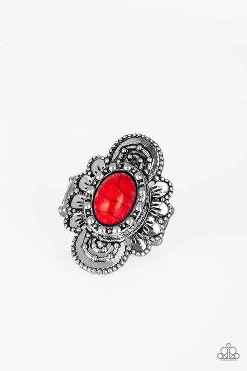 Basic Element - Oversized Fiery Red Dotted Textured Petal Bloom Stone Ring R#5291