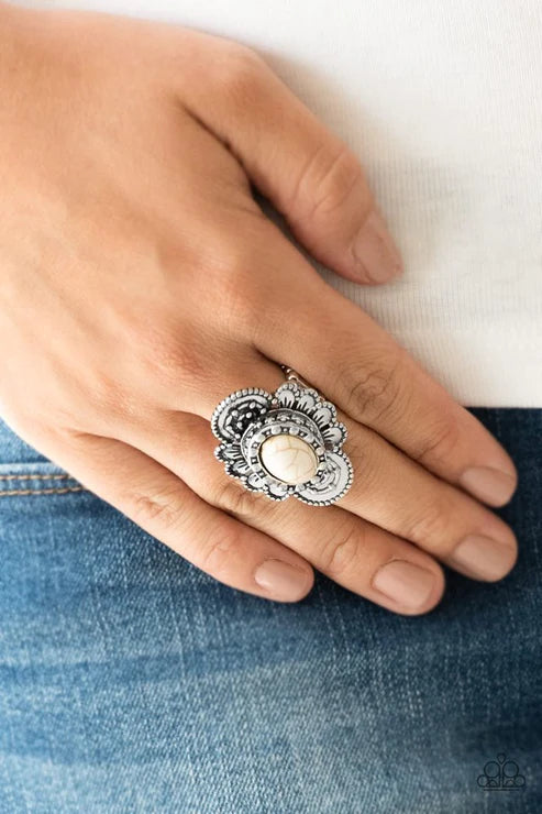 Basic Element - Oversized White Dotted Textured Petal Bloom Stone Ring R#5366