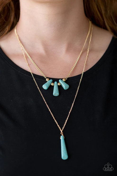Basic Groundwork - Blue/Gold Chiseled Flared Teardrop Stone Fringe Necklace N#7002