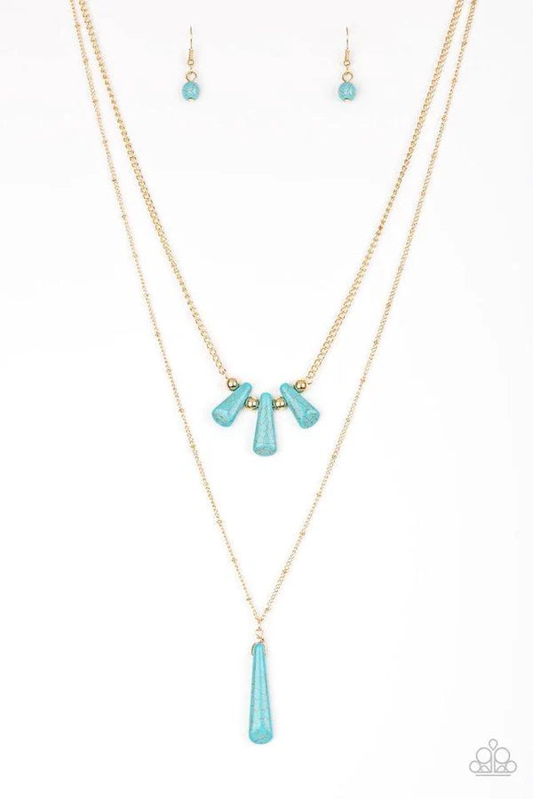 Basic Groundwork - Blue/Gold Chiseled Flared Teardrop Stone Fringe Necklace N#7002