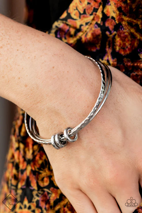 Bauble Bash - Silver Trio Bangles Smooth/Hammered Textures Trio Rings Encircle Slide Along Bangles Artistic Expression Bracelet B#7358