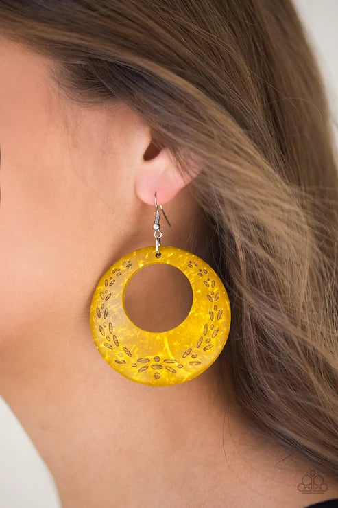Beach Club Clubbin - Oversized Yellow Etched Leafy Distressed Wood Earrings E#3555