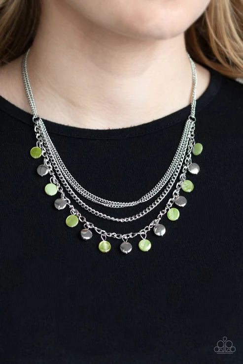 Beach Flavor - Green Iridescent Shell Mismatched Fringe Necklace N#3696