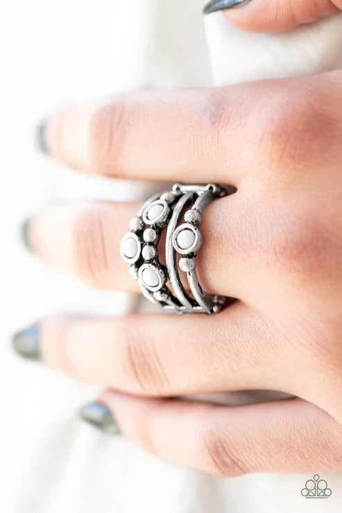 Beach House Party - White Mismatched Sporadically Dotted Studded Ring R#6379