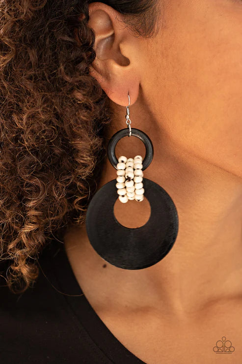 Beach Day Drama - Oversized Black/White Wooden Beaded Links Connect Crescent Hoop Lure Earrings E#7302