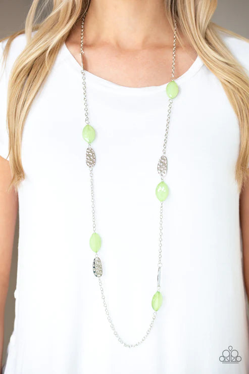 Beachfront Beauty - Oversized Green Opaque Glassy Hammered Collision Accent Necklace N#2922