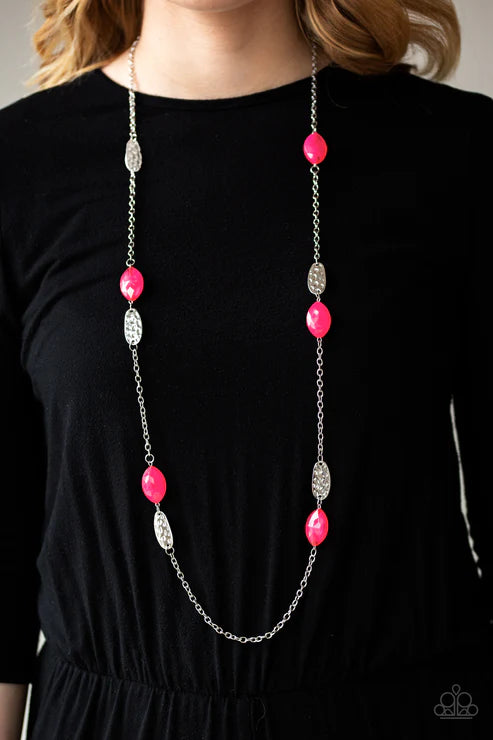 Beachfront Beauty - Oversized Pink Opaque Glassy Hammered Collision Accent Necklace N#3574