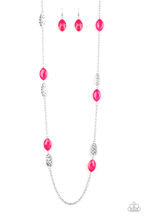 Beachfront Beauty - Oversized Pink Opaque Glassy Hammered Collision Accent Necklace N#3574