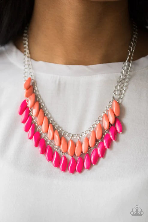 Beaded Boardwalk - Oversized Pink (Living Coral/Pink) Faceted Double Fringe Necklace N#2827