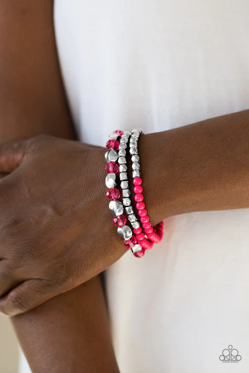 Beaded Bravado - Pink/Silver Shimmer Faceted Crystal Bracelet Stack B#4800