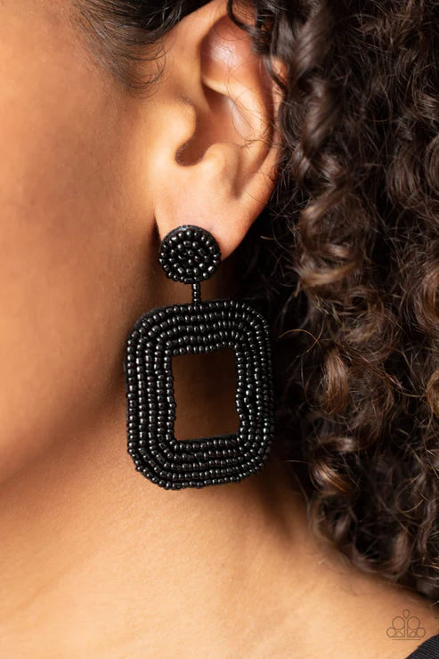 Beaded Bella - Oversized Black Rounded/Squared Seed Bead Earrings E#7185