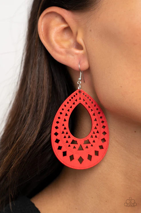 Belize Beauty - Oversized Fiery Red Stenciled Diamond/Teardrop Tribal Wood Earrings E#2962
