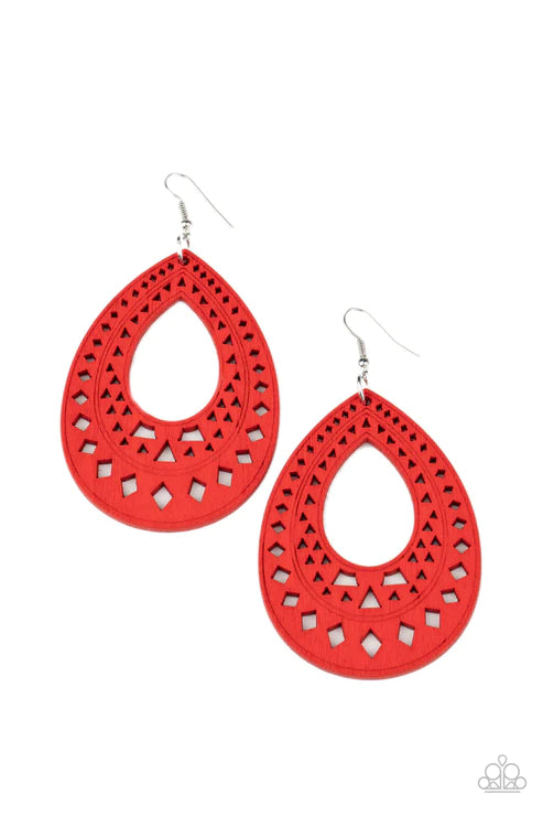 Belize Beauty - Oversized Fiery Red Stenciled Diamond/Teardrop Tribal Wood Earrings E#2962