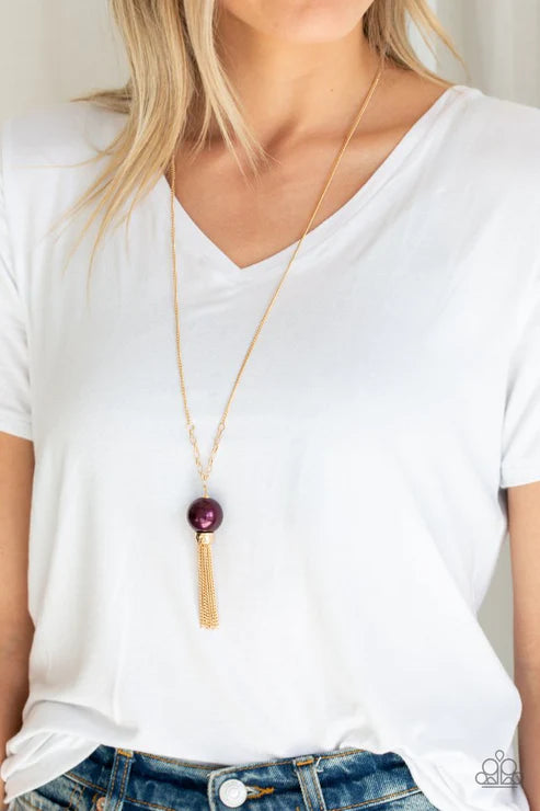 Belle Of The BALLROOM - Oversized Purple/Gold Pearl Hammered Tassel Stream Necklace N#3857