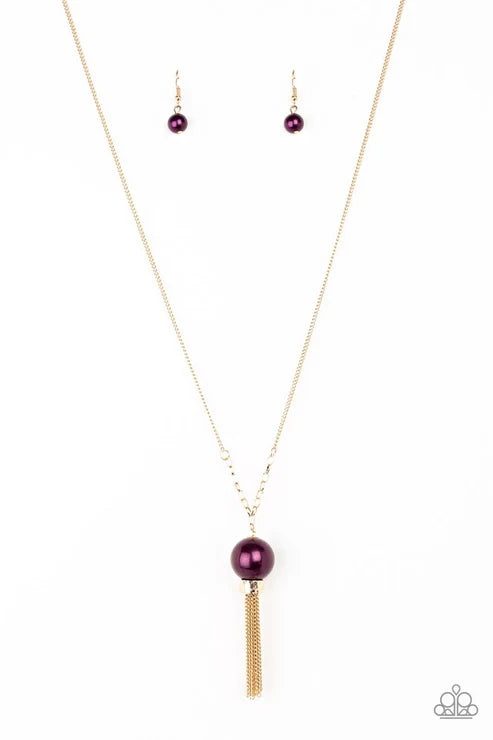 Belle Of The BALLROOM - Oversized Purple/Gold Pearl Hammered Tassel Stream Necklace N#3857