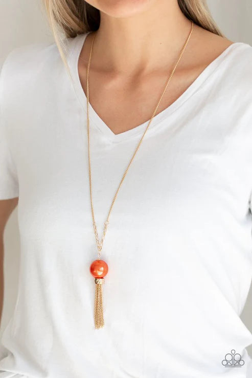 Belle of the BALLROOM - Oversized Orange/Gold Pearl Hammered Tassel Stream Necklace N#5588