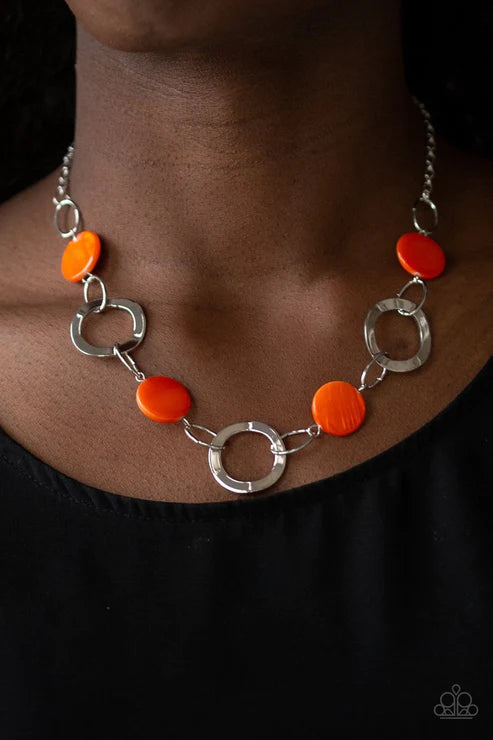 Bermuda Bliss - Orange Asymmetrical Sea Shell Disc Hoop Necklace N#4695