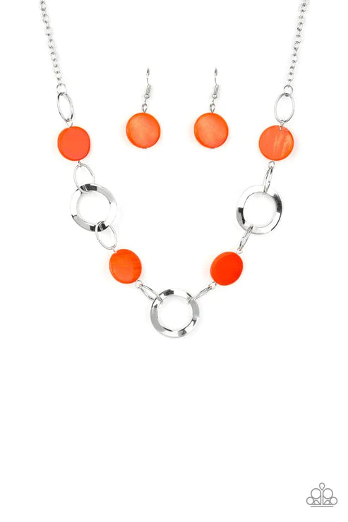 Bermuda Bliss - Orange Asymmetrical Sea Shell Disc Hoop Necklace N#4695