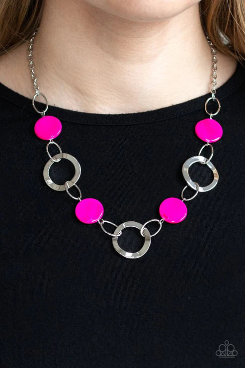 Bermuda Bliss - Pink Asymmetrical Sea Shell Disc Hoop Necklace N#3534
