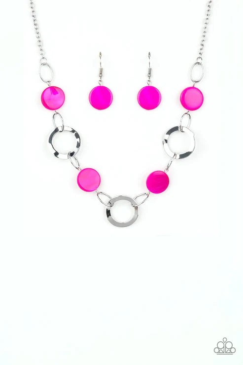 Bermuda Bliss - Pink Asymmetrical Sea Shell Disc Hoop Necklace N#3534