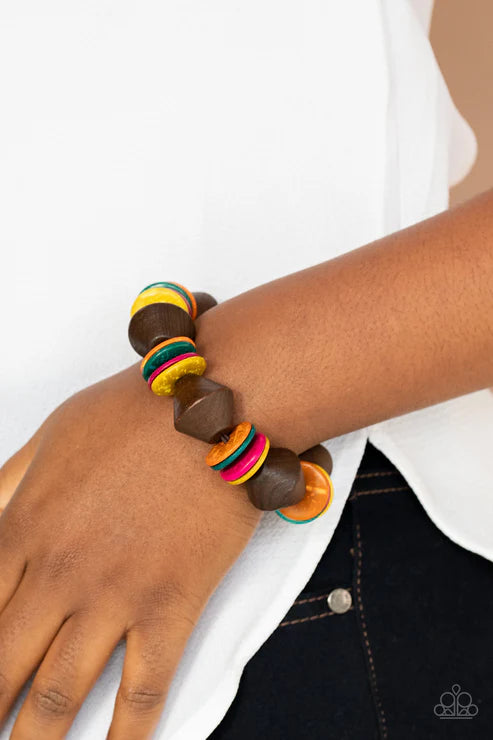 Bermuda Boardwalk -Oversized  Multi (Orange/Pink/Blue/Yellow/Brown) Chunky Wooden Discs Summery Bracelet B#3711