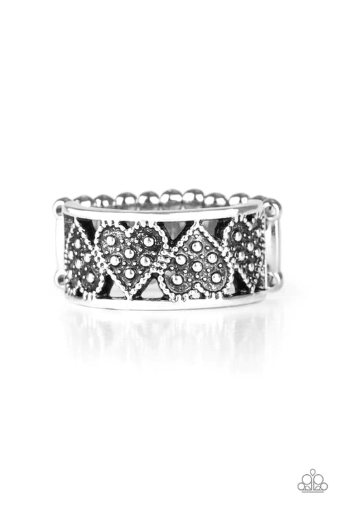 Better Together - Silver Vintage Studded Connected 3D Heart Studded Ring R#4227