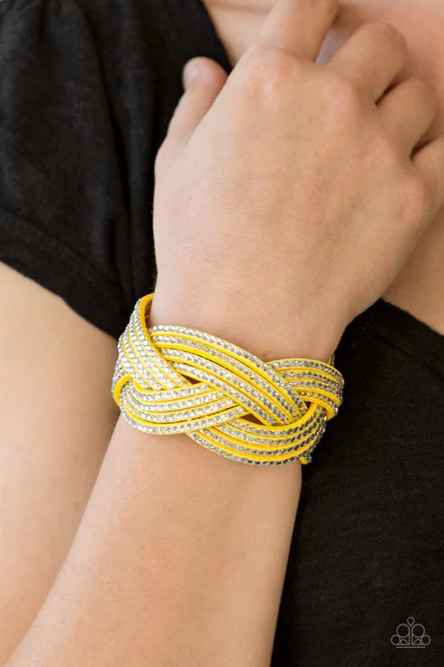 Big City Shimmer - Sunny Yellow CrissCross Encrusted Suede Wrap Adjustable Snap Closure Bracelet  B#6472