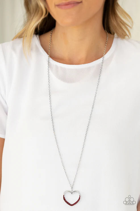 Bighearted - Oversized Red 3D Heart Beveled Encrusted Bottom Necklace N#3493