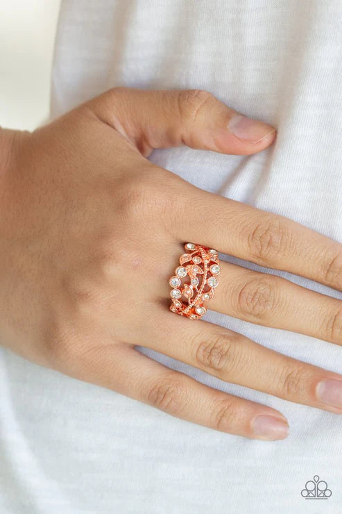 Bling Swing - Copper Dotted Leafy Encrusted Stacked Ring R#6001