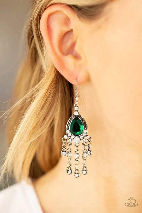 Bling Bliss - Oversized Green Dotted Encrusted Chandelier Teardrop Earrings E#6732
