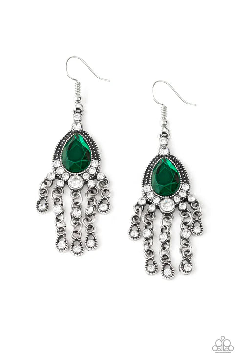 Bling Bliss - Oversized Green Dotted Encrusted Chandelier Teardrop Earrings E#6732