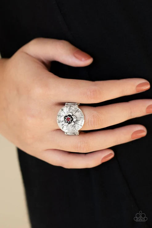 Blooming Beach Party - Fiery Red Dotted Rounded Texture 3D Flower Bloom Ring R#5694