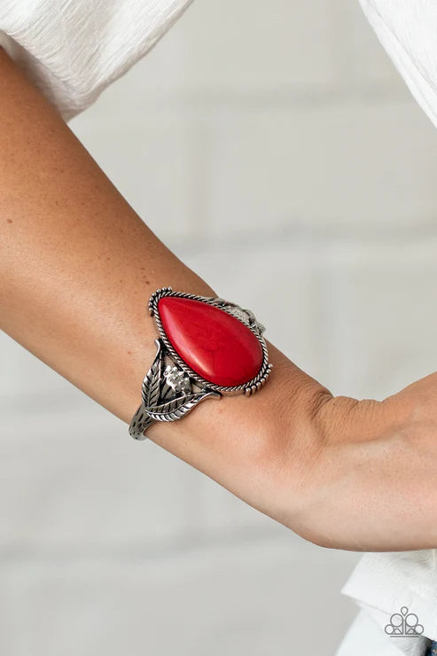 Blooming Oasis - Oversized Red Stone Airy Rope Leafy Abloom Teardrop Cuff Bracelet B#022