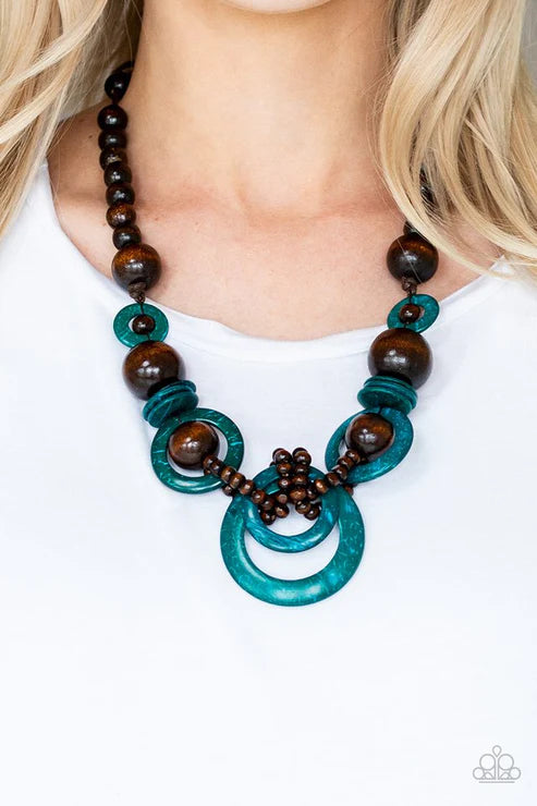Boardwalk Party - Oversized Blue/Brown Mismatched Knotted Distressed Wooden Adjustable Sliding Knot Closure Necklace N#4890