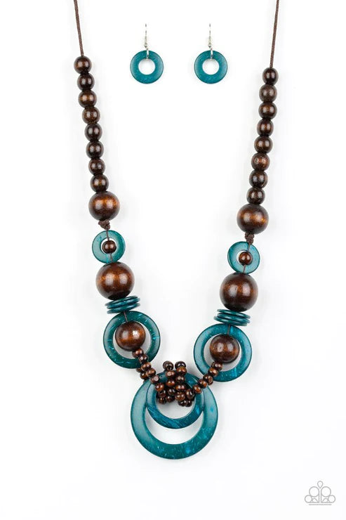 Boardwalk Party - Oversized Blue/Brown Mismatched Knotted Distressed Wooden Adjustable Sliding Knot Closure Necklace N#4890