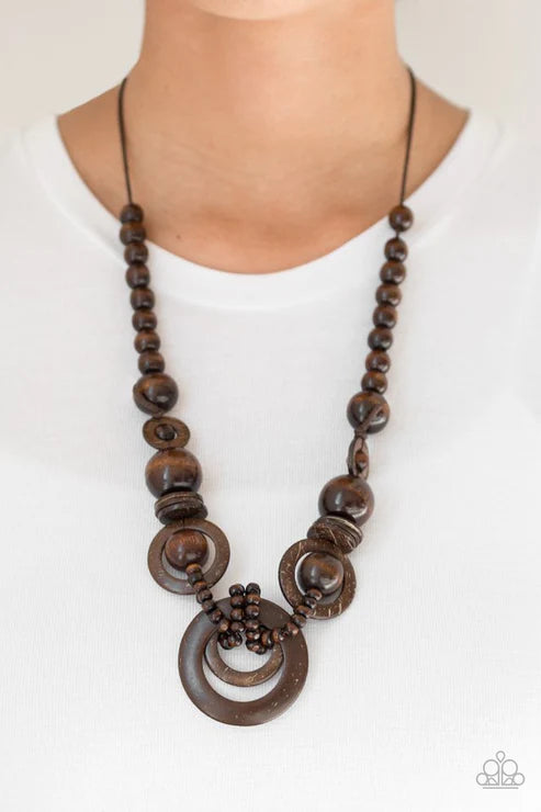 Boardwalk Party - Oversized Brown Mismatched Knotted Distressed Wooden Adjustable Sliding Knot Closure Necklace N#6900