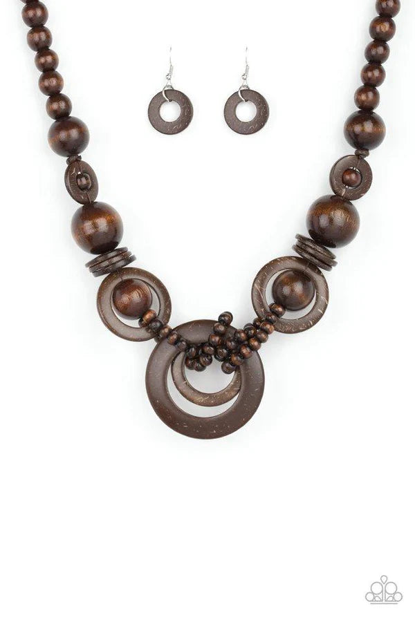 Boardwalk Party - Oversized Brown Mismatched Knotted Distressed Wooden Adjustable Sliding Knot Closure Necklace N#6900