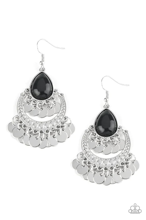 Bodaciously Boho - Black Crescent Teardrop Disc Fringe Earrings E#3047