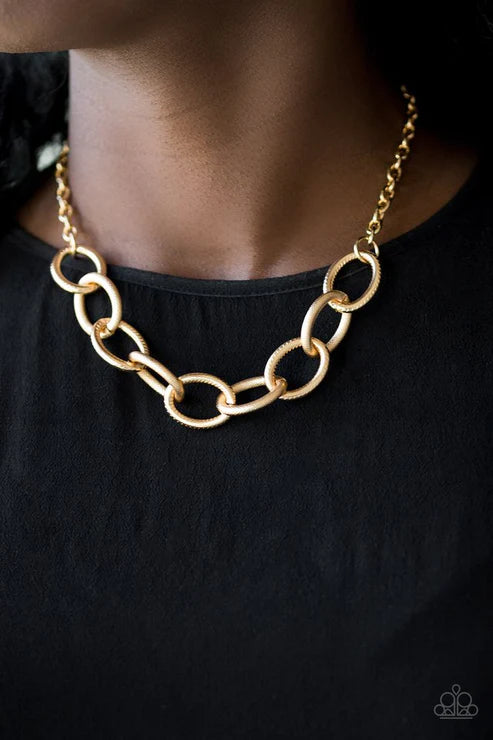 Boldly Bronx - Gold Mismatched Textures Bold Links Connect Dramatic Industrial Necklace N#3132