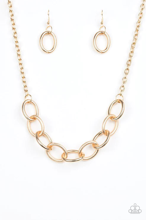 Boldly Bronx - Gold Mismatched Textures Bold Links Connect Dramatic Industrial Necklace N#3132