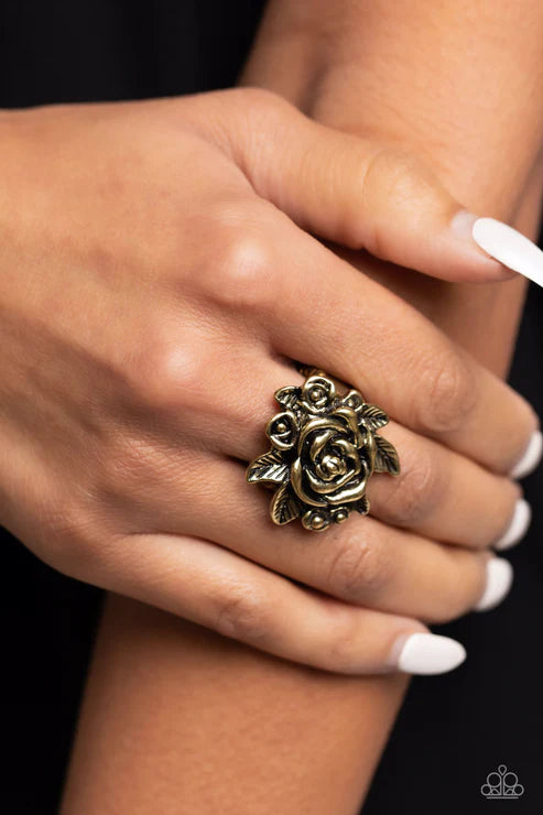 Bouquet Bonanza - Oversized Brass 3D Rose Bouquet Bloom Ring R#6410