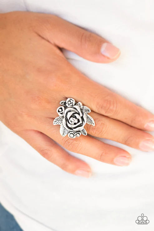 Bouquet Bonanza - Oversized Silver 3D Rose Bouquet Bloom Ring R#4734