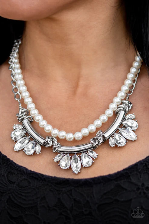 Bow Before The Queen - Oversized White Pearl Teardrop/Marquise Accent Fringe Necklace N#5397