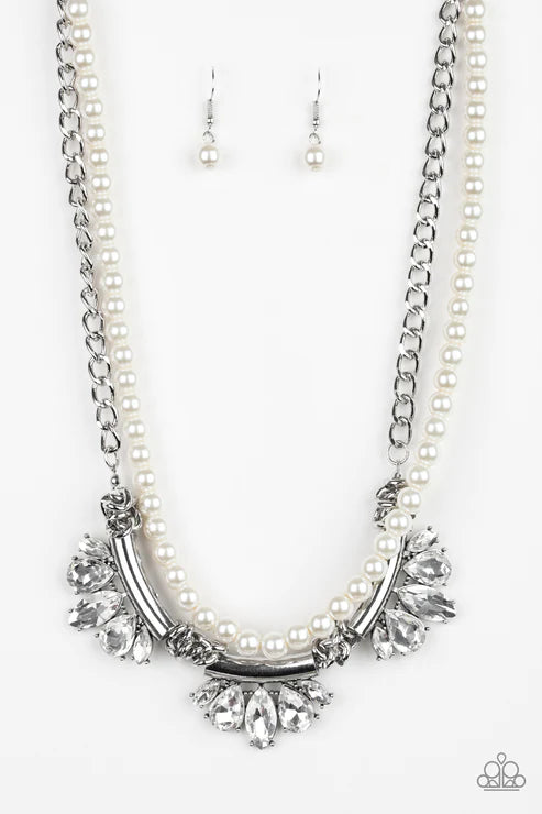 Bow Before The Queen - Oversized White Pearl Teardrop/Marquise Accent Fringe Necklace N#5397