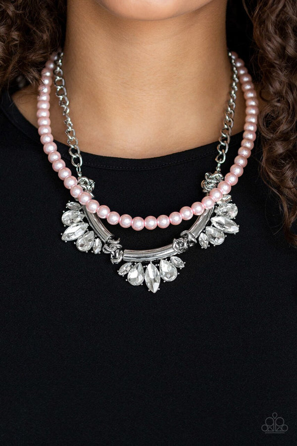 Bow Before the Queen - Oversized Pink Pearl Teardrop/Marquise Accent Fringe Necklace N#6958